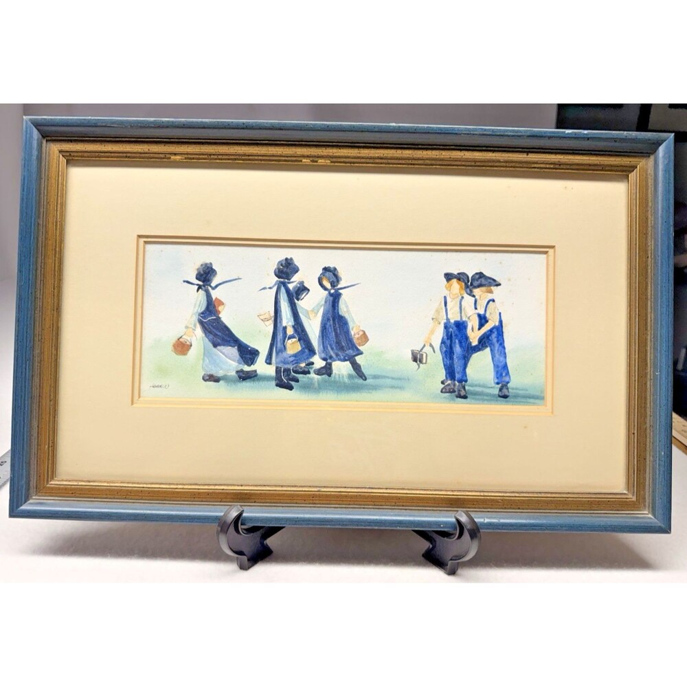 Vera Kirk Signed Original Watercolor Boys Will Be Boys Amish Folk Art Framed